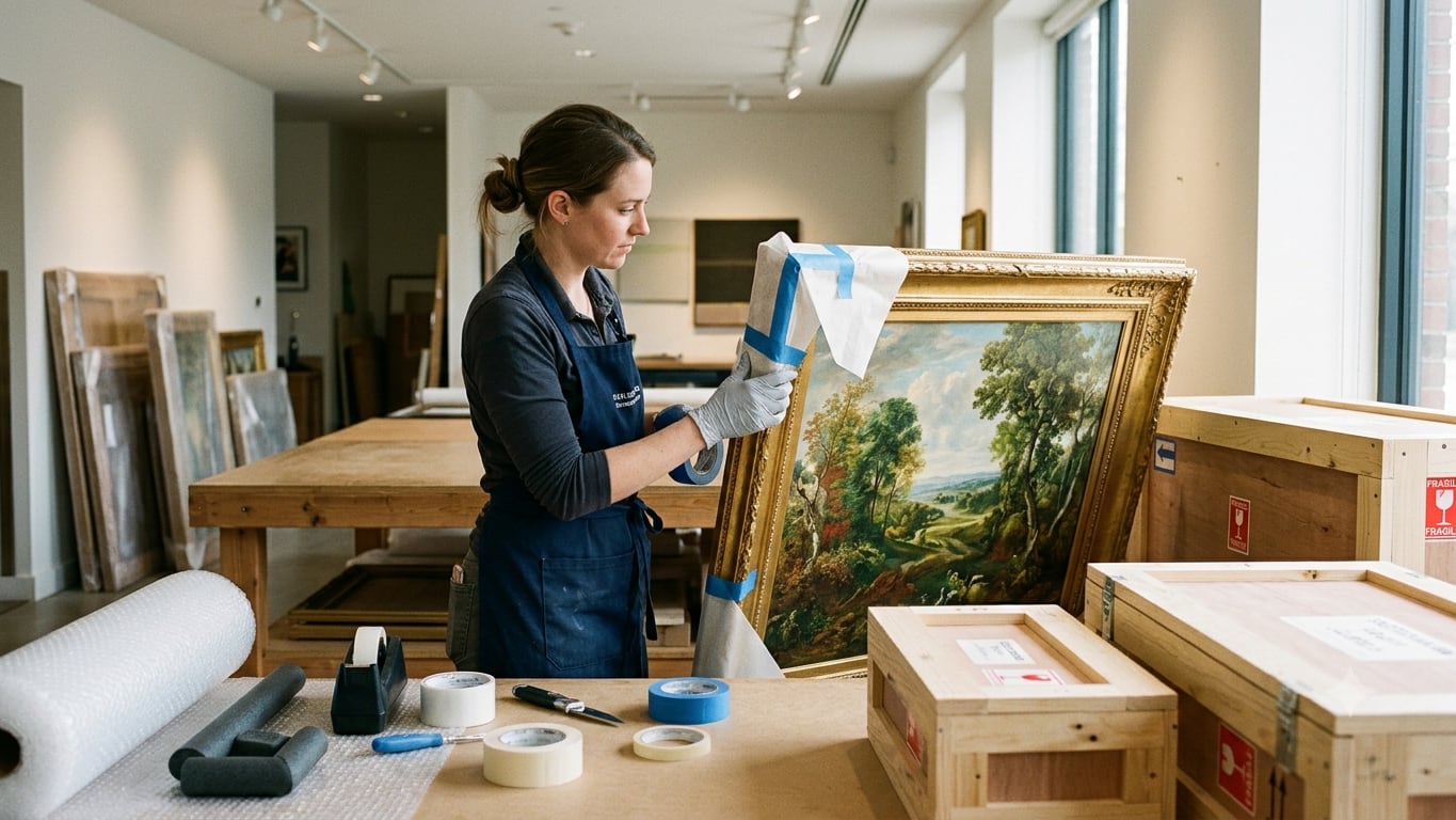 A woman packing artwork for transportation
